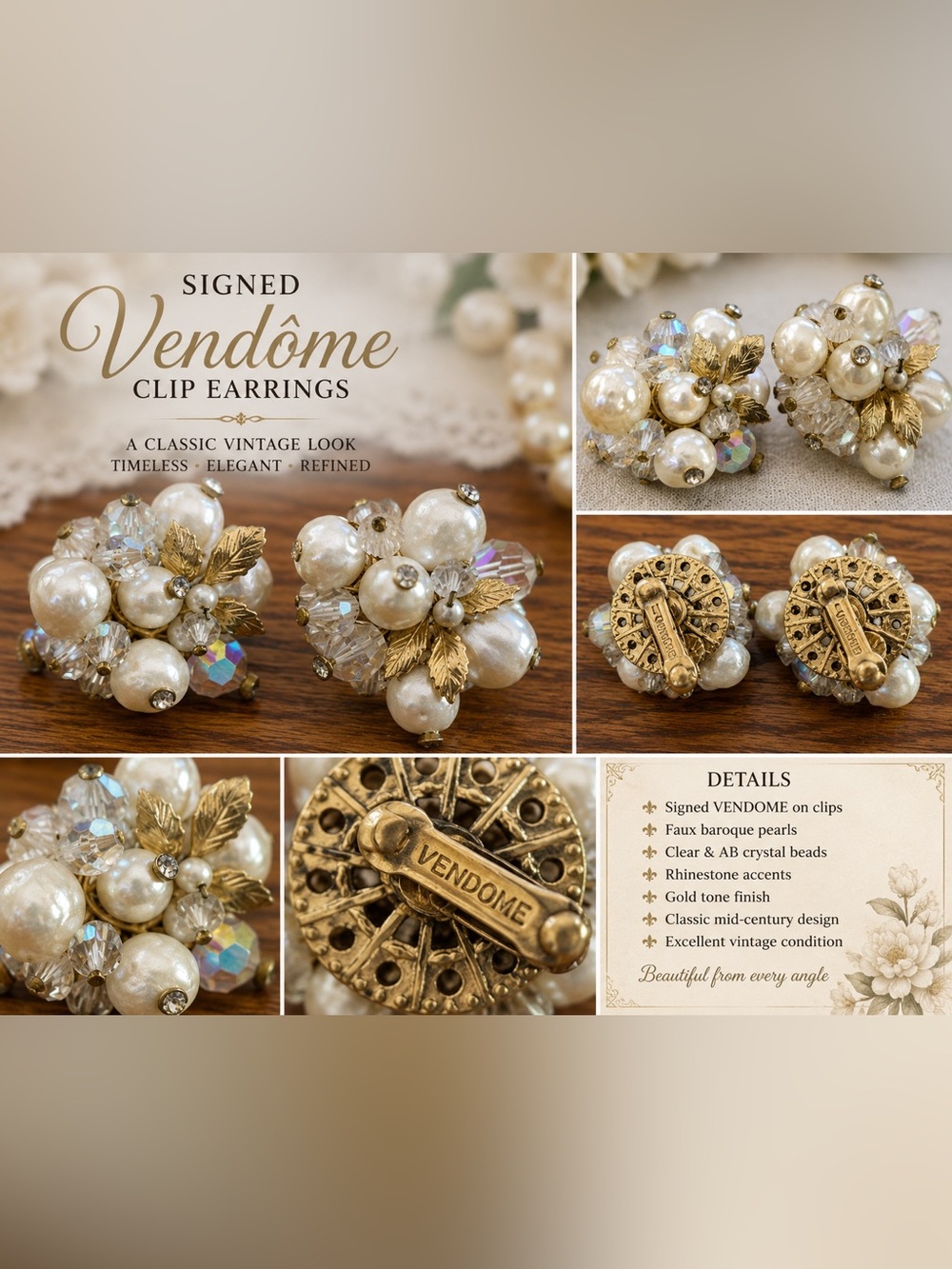 Vendôme Cream Pearl Cluster Clip Earrings with Gold Leaves